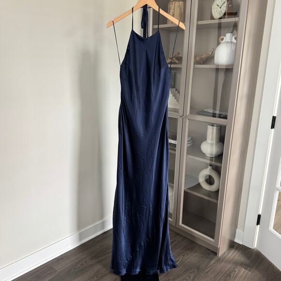 Reformation Jeany Navy Silk Halter Maxi Dress L NEW Satin Open Back Formal Gown - Picture 2 of 8